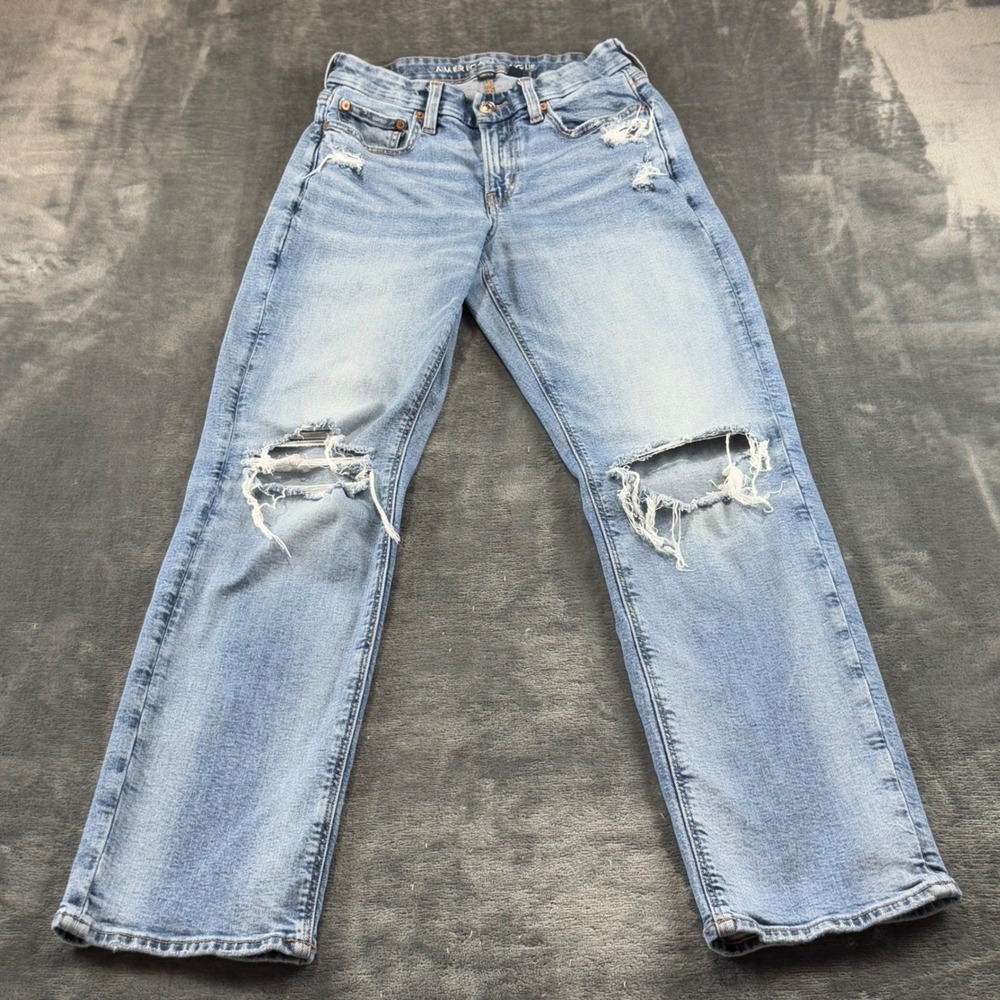 American Eagle Curvy Straight Jeans Womens 4 Mid Rise Distressed Ripped Denim